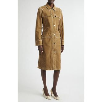 Ferragamo Distressed Long Sleeve Stretch Velveteen Trench Shirtdress in Safari at Nordstrom, Size 10 Us