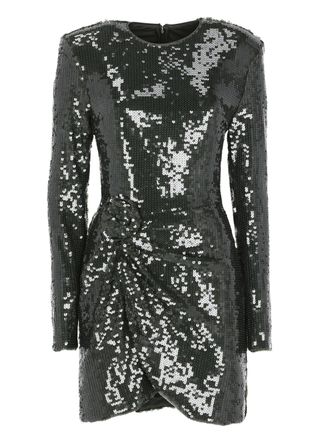 Rotate Olive Green Pailletes Mini Dress With Sequined Rose Drape