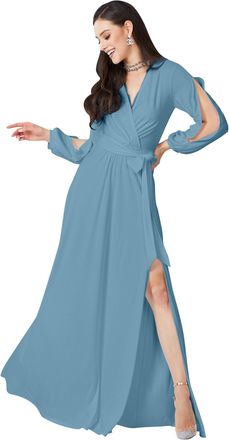 Koh Koh Womens 2025 Long Sleeve Sexy Slit Photoshoot Evening Fall Maxi Dress Gown, Pastel Blue, M