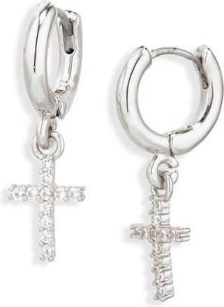 Leith Pavé Cubic Zirconia Cross Drop Huggie Hoop Earrings in Clear- Silver at Nordstrom Rack