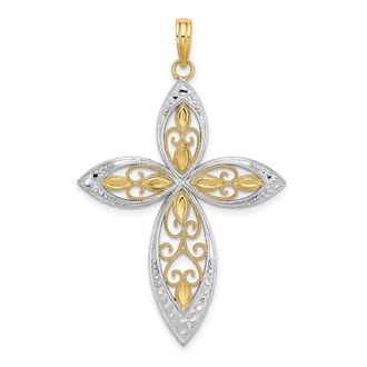 Diamond2Deal 14k Yellow Gold with Rhodium Beaded Filigree Cross Charm Pendant