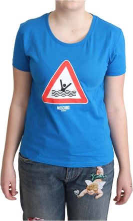 Moschino Blauwe Driehoek Grafische Katoenen Tee - Dames - T-shirts - Blauw - XL - Katoen - Tops