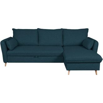Miliboo Divano letto angolare reversibile con contenitore 3-4 posti in tessuto blu oceano e legno chiaro DRISS