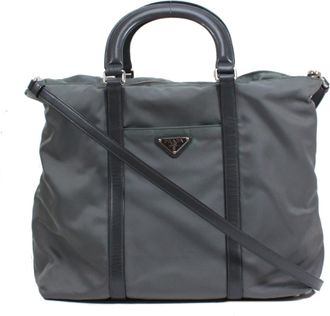 Prada Gray Khaki Nylon Leather Tote Bag (Pre-Owned)