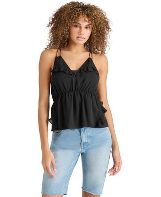 Steve Madden Mina Top Womens Black Ruffle Trim V-Neck Blouse PALL431
