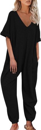 Generic Jumpsuit Womens Cuddly Oversize Jumpsuit Short Sleeve V-Neck Elegant Plain Trouser Suit with Pockets Short Sleeve Festive Wedding Romper Baggy Playsui