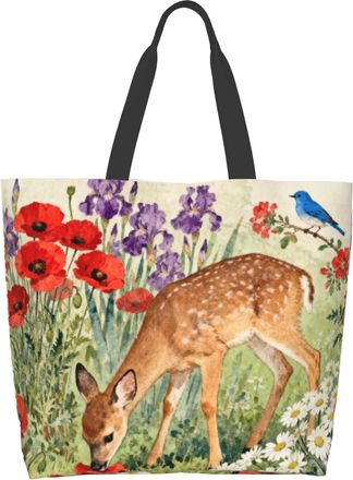 Generic Shoulder Bag Large Reusable Eco-friendly Shopping Bags Portable Storage Handbag, Fawn Flowers, One Size