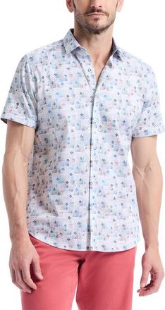 Robert Graham Embarcadero Short Sleeve Stretch Cotton Button-Up Shirt in Blue Multi at Nordstrom, Size Xxx-Large