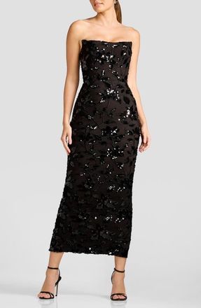 Dress The Population Cosette Sequin Floral Strapless Cocktail Sheath Dress in Black-Mocha at Nordstrom, Size Xx-Small