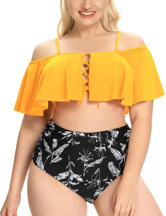 SHEKINI Women Two Pieces Plus Size Swimsuits Off Shoulder Lacing Top Bathing Suits High Waist Bikini Bottom Yellow-XL