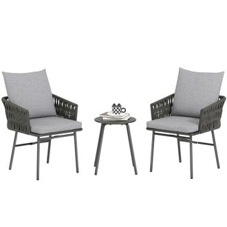 OUTSUNNY Rattan Bistro Set - Balcony Table and Chairs with 4 Cushions - Grey | TJ Hughes
