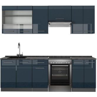 Vicco Mueble de cocina Fame-Line, Azul oscuro alto brillo/antracita, 240 cm sin encimera