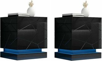 Mirjan24 Conjunto De Mesitas De Noche Charlotte 187, Negro + Negro Brillante, N&uacute;mero De Cajones: 0, N&uacute;mero De Puertas: 0, 53x46x42cm, Mdf, Led