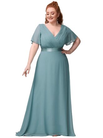 Ever-pretty Womens V Neck Floor Length Empire Waist A Line Chiffon Long Plus Size Bridesmaid Dresses Dusty Blue 24UK