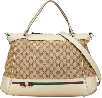 Gucci Gg Canvas Beige Gg Canvas Leather Shoulder Bag Tote Bag (Pre-Owned)