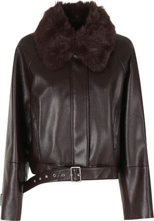 Isabelle Blanche Brown Faux Leather Fur Collar Bomber Jacket