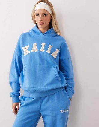 KAIIA Felpa con cappuccio oversize in misto cotone blu con logo ricamato in coordinato