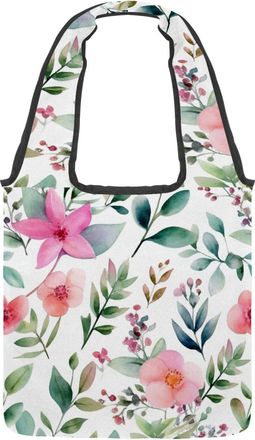 Generic Pink Flowers with Leaves Reversible Canvas Shoulder Tote - Double-Sided Print, 12oz Cotton, 27cm Drop, Fold-Flat Bag for Travel, Shopping, Street Outi