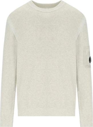 C.P. Company Witte Melange Crewneck Jumper met Vanis&eacute; - Heren - Ronde hals truien - Wit - L - Wol - Truien & Vesten