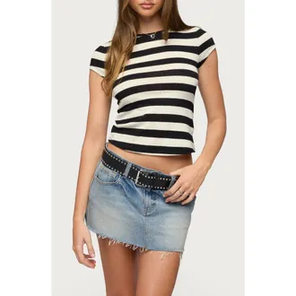 Edikted Annabeth Stripe Crop T-Shirt in Black-And-Cream at Nordstrom, Size X-Small