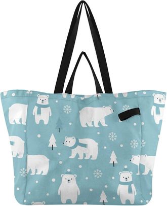 Generic Winter White Bear pattern Reusable Canvas Tote Bag, Heavy Duty Grocery Shopping Bag with Large Capacity Double Handles Hard Bottom Work Groceries Trav
