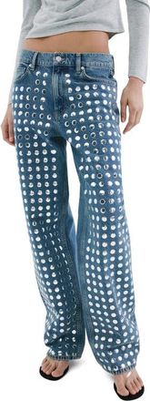 Mango Studded Straight Leg Jeans in Medium Blue at Nordstrom, Size 14
