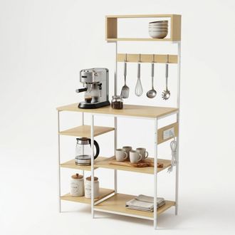 Relaxdays Estanter&iacute;a De Cocina Relaxdays Con Enchufe Y Usb, 151x82x40 Cm, Para Microondas, Madera, Abierta, Metal, Natural/blanco