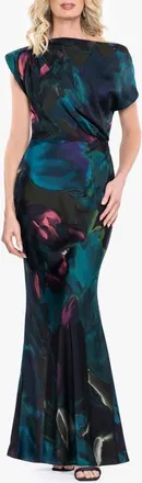 Betsy & Adam Floral Print Satin Gown in Teal/multi at Nordstrom, Size 10