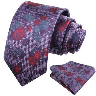 Alizeal Mens Floral Pattern Tie with Pocket Square Classic Casual for Party Wedding Necktie and Hanky Set, Purple+Red