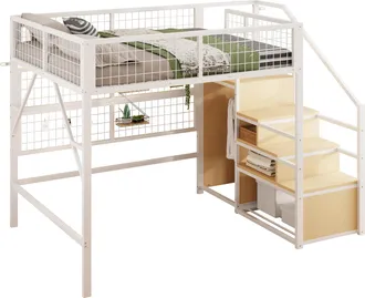 STILVORA Cama Alta Doble Con Escalera Con Almacenaje, Armario Y Led Regulable, 140 X 200 Cm, Sin Colch&oacute;n, Blanco