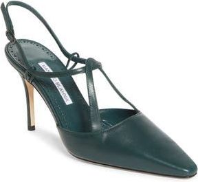 Manolo Blahnik Minia Pointy Toe T-Bar Pump in Dark Green at Nordstrom Rack, Size 7.5Us / 37.5Eu