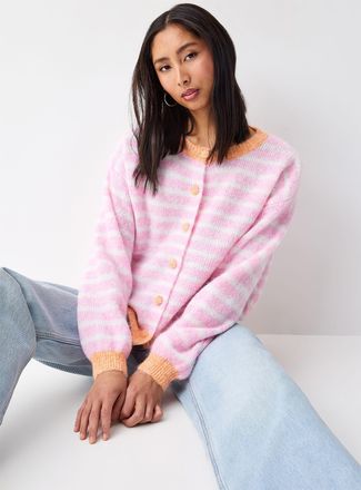 Twik Womens Pastel stripes fuzzy Cardigan Sweater