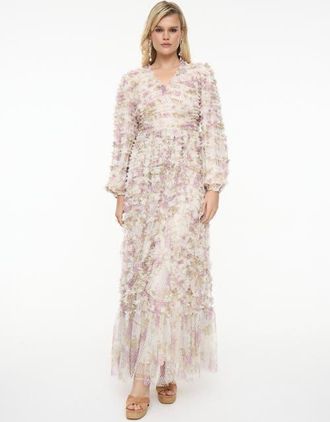 Beauut Ruffle Floral Mesh Maxi Dress in Cream at Nordstrom, Size 14