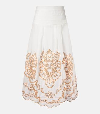 Farm Rio Embroidered cotton midi skirt