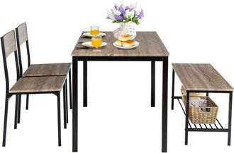 Costway Costway - Cosway Juego De Mesa Y Silla De Comedor De 4 Piezas, Mesa De Reuni&oacute;n Industrial Con 2 Sillas Y 1 Banco, Juego De Cocina Con Marco De Metal Y