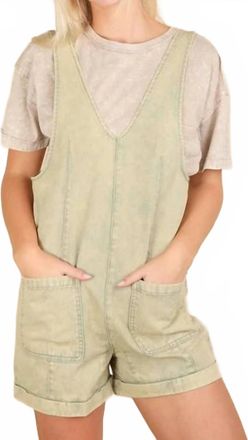 Very J Washed Denim Casual Romper In Sage