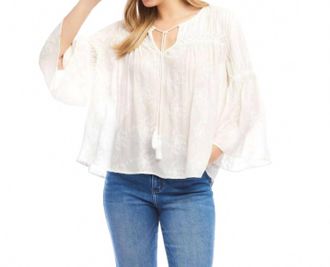 Karen Kane Flare Sleeve Embroidered Pintuck Detail Top In Off White
