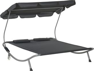 OUTSUNNY Garden Double Hammock Sun Lounger Day Bed Canopy 2 Pillows w/ Stand Grey