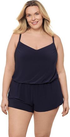 Aqua Green Plus Size V-Neck Blouson Slimming Swimsuit Romper with Pockets in True Navy at Nordstrom, Size 1X