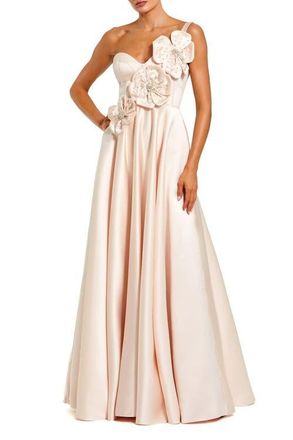 Mac Duggal Strapless Satin Bustier Gown With 3D Flowers in Oyster at Nordstrom, Size 12