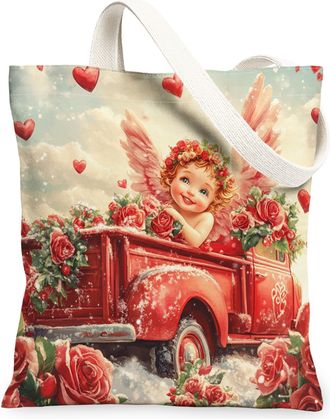 Generic Valentines Floral Canvas Tote Bags, Romantic Heart Pattern Reusable Grocery Bags, Vintage Lightweight Washable Shoulder Strap Canvas 13x15 Inch