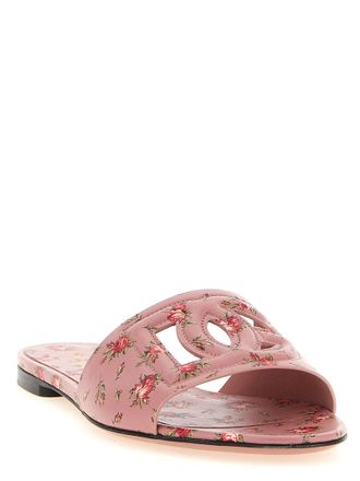 Dolce & Gabbana Rose Print Leather Slides - Pink