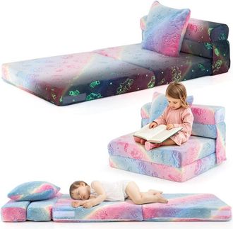 Costway Divano Pieghevole per Bambini, Materasso in Schiuma da Pavimento Luminoso al Buio con Cuscino e Copertura Lavabile in Lavatrice, Letto per