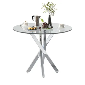 STILVORA Tavolo Da Pranzo Rotondo In Vetro Con Piano In Vetro Temperato, Gambe In Metallo E Gambe Incrociate - 80&times;80&times;75 Cm, Argento