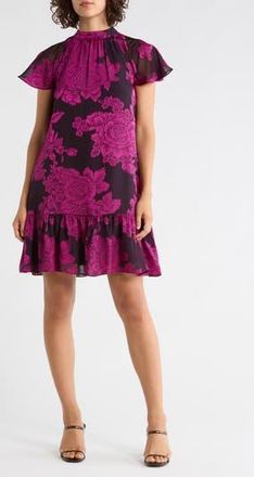 Eliza J Floral Short Sleeve Tie Back Trapeze Dress in Fuchsia at Nordstrom Rack, Size 18 (Similar To 14W)