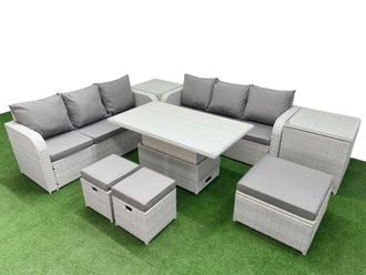 Fimous Outdoor Garden Furniture Sets 9 Seater Wicker Rattan Furniture Sofa Sets w/ Adjustable Lifting Dining or Coffee Table high Back Lounge Sofa 3