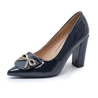 Generic Womens Rhinestones Bowknot Dress Shoes High Block Heels Closed Pointed Toe Wedding Office Party Pumps Slip On (5.5,Blue)