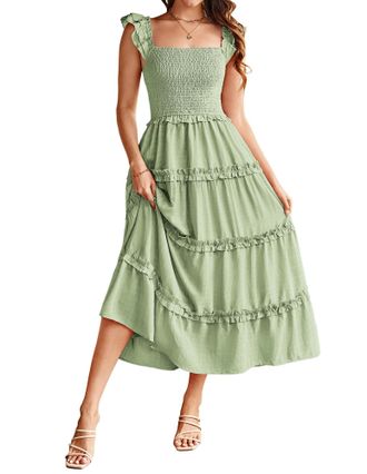 Grace Karin Womens Square Neck Smocked Bodice Dress Elastic Waist Tiered A-Line Midi Dress with Pockets CLK028-3/Light Green S
