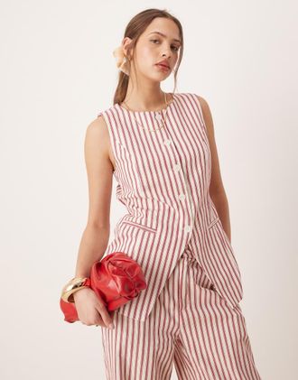 Glamorous button down vest cotton top with tie in red stripe - part of a set-Multi