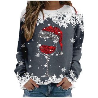Generic Christmas Jumpers for Women UK Christmas Print Funny Sweatshirts Xmas Tree Red Wine Glass Novelty Jumper Long Sleeve Ugly Holiday Pullover Tops Plus S